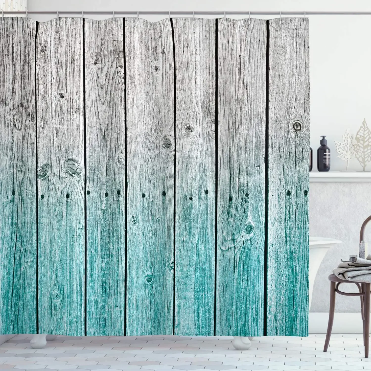 Rustic Shower Curtains Wood Panels Background Effect Country House Art Cloth Fabric Bathroom Decor Set with Hooks Pale Blue Grey