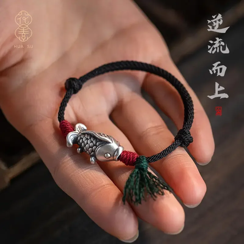 

Original Foot Silver Koi Hand-woven Hand Rope Wen Play Bracelet Tibetan Cotton Woven Rope Ethnic Style Meaning Bracelet