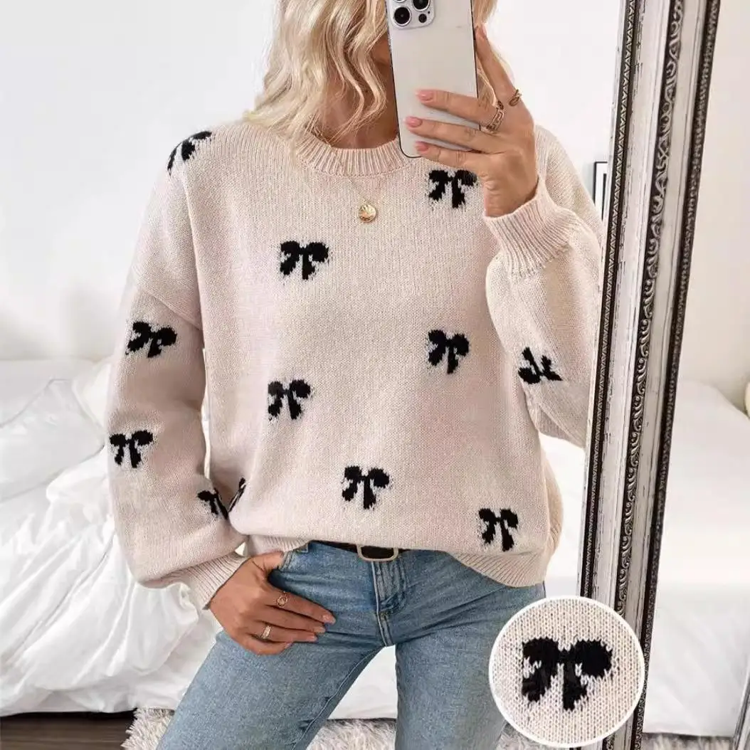 

Simple Design Women's Knitted Sweater with Knot Autumn Faion Fce Long Sve Crew Ne Pullover Flower Pattern