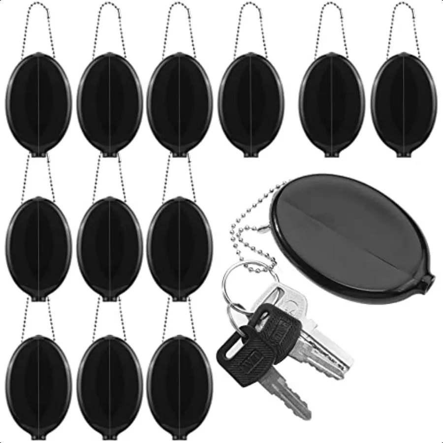 

Coume 12 Pcs Rubber Coin Purse Black Oval Squeeze Rubber Coin Holders with Chain Change Purse for Men Women Travel Multi Purpos