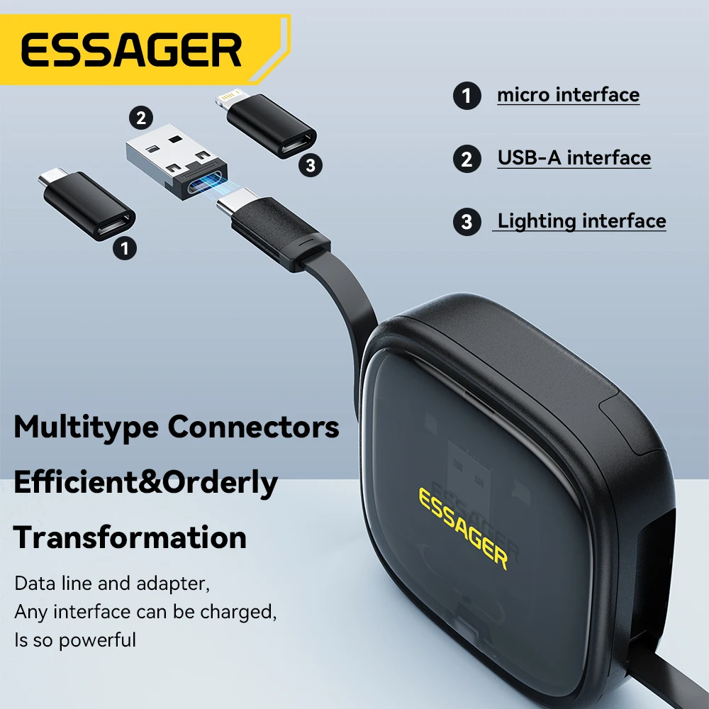 Essager PD 60W USB C Cable Fast Charging Type C Micro Lighting Cable for iPhone Xiaomi Samsung Data Cord With Holder Storage Box