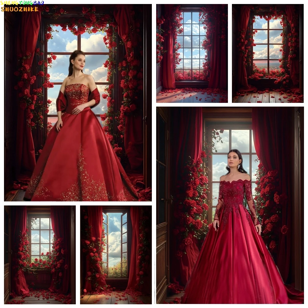 Rote Rose Blumen Hochzeit Porträt Hintergrund Fotografie Vintage Holzfenster Blauer Himmel Weiße Wolke Natürliche Szene Fotohintergrund