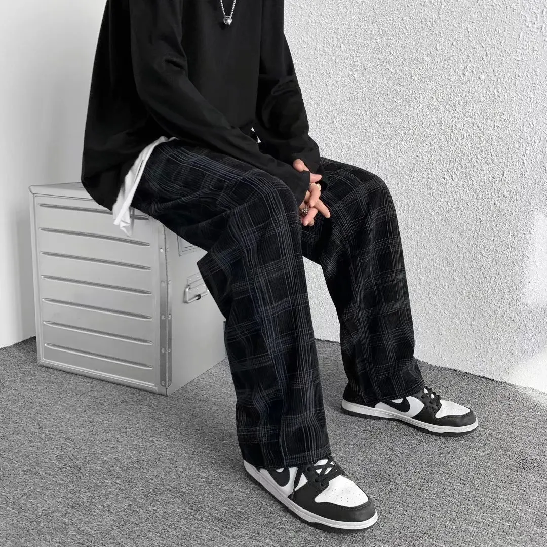 Mens Plaid Pants Spring and Autumn Straight-leg Trend Loose Wide-leg Sports Nine Points Casual Pants