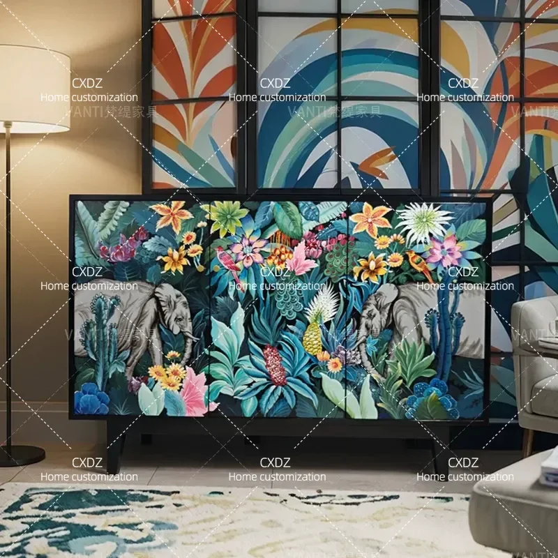 Light Luxury Dining Side Cabinet Tropical Rainforest Theme Door Cabinet Living Room Elephant Flower Pattern Storage Locker