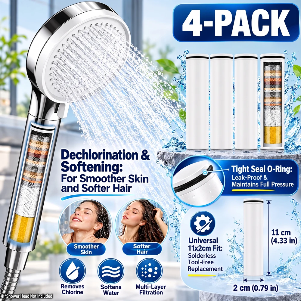 4Pack Handheld Shower Head Filter Cartridge 11x2cm Hard Water Softener Chlorine Reducer Replacement Refill For Dry Skin Hair Car