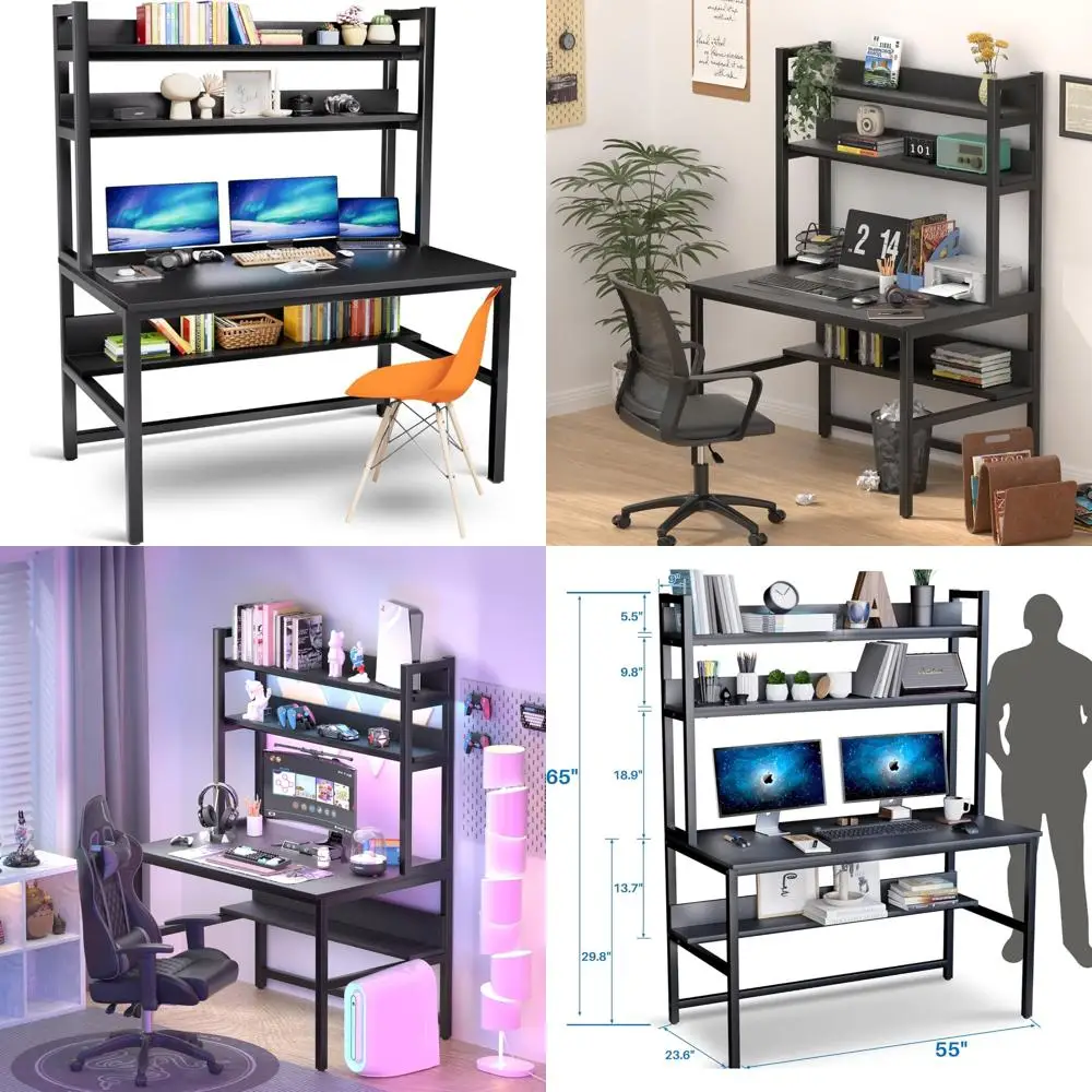 

Spacious Black Computer Desk with Hutch and Bookshelves, 55 Wide Desk for Ample Leg Space, Featuring Efficient Storage Solutions