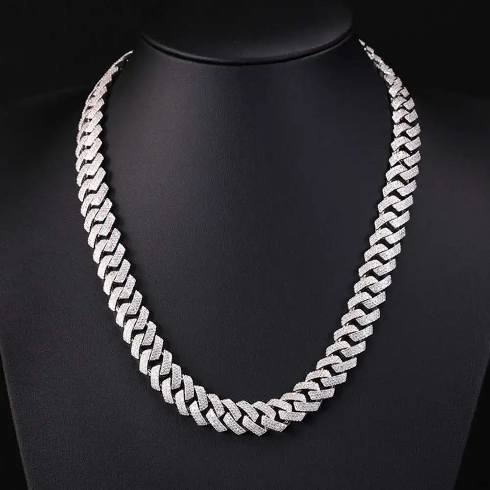 Wholesale Silver 925 Wide 15mm 3 Rows Plated White Gold Cuban Necklace with Gra D/vvs Moissanite