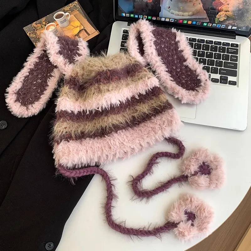 جديد Y2K مضحك آذان أرنب أفخم بيني للنساء الخريف الشتاء الدافئة تنوعا المتناقضة اللون مخطط بلوفر مغزول القبعات