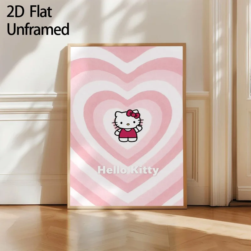 2027 2DFlat, , 1pc Unframed  Cute Hello Kitty Posters And Prints, Pastel Pink Heart Pattern Canvas Wall Art, Cozy Aesthetic H
