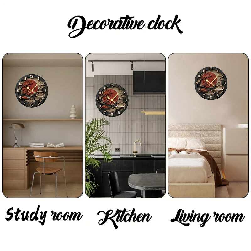 2D Samurai Themed Wooden Round Silent Hanging Wall Clock, Suitable For Living Room, Office, Study Room, Bedroom, Home Decoration view 5