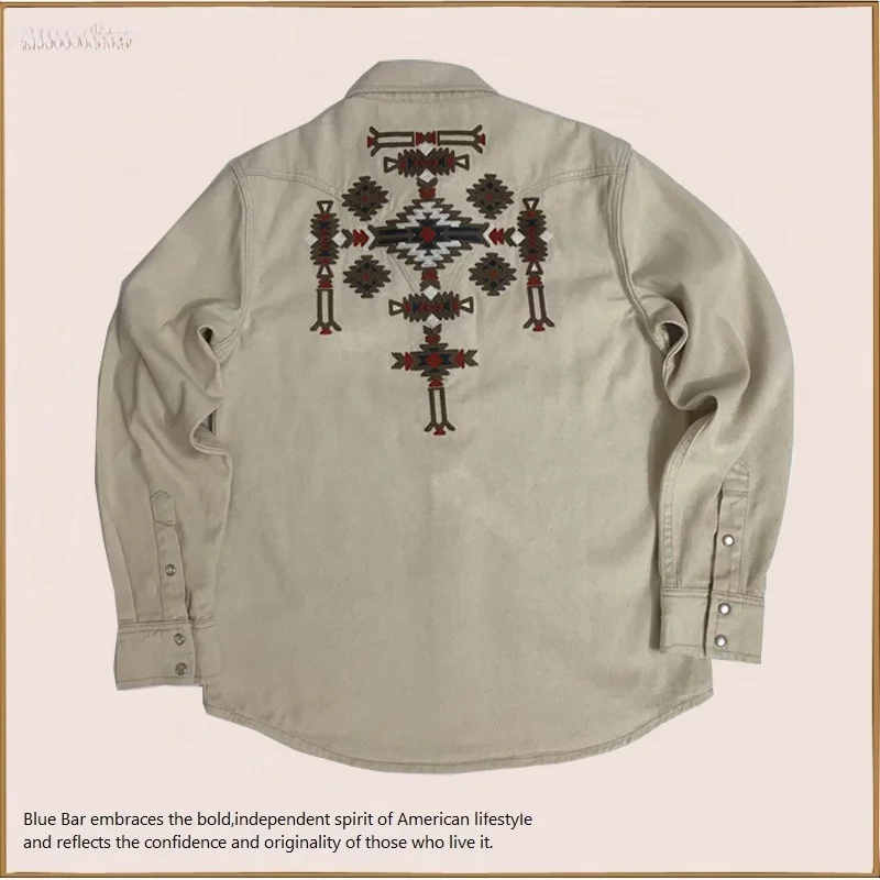 アメリカンスタイル ナバホ刺繍 コットンシードハル デニムシャツ RRL同等 スタンダードフィット 長袖 ボタンアップ メンズ＆レディース