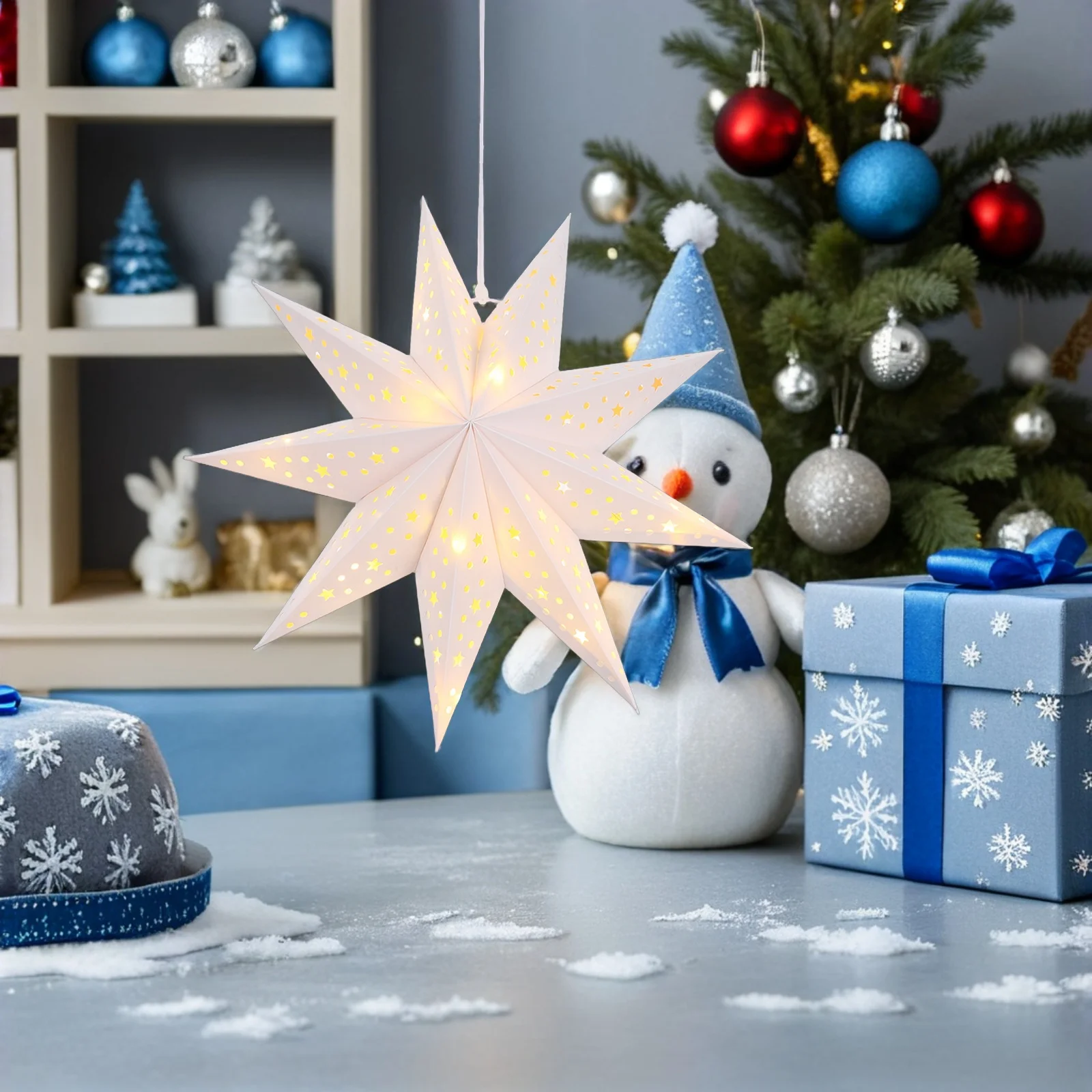 

Christmas 3d Star Paper Lantern With Led Light 13.76 Inch 9 Point Xmas Hollow Paper Star Lampshade Hanging Decoration Light