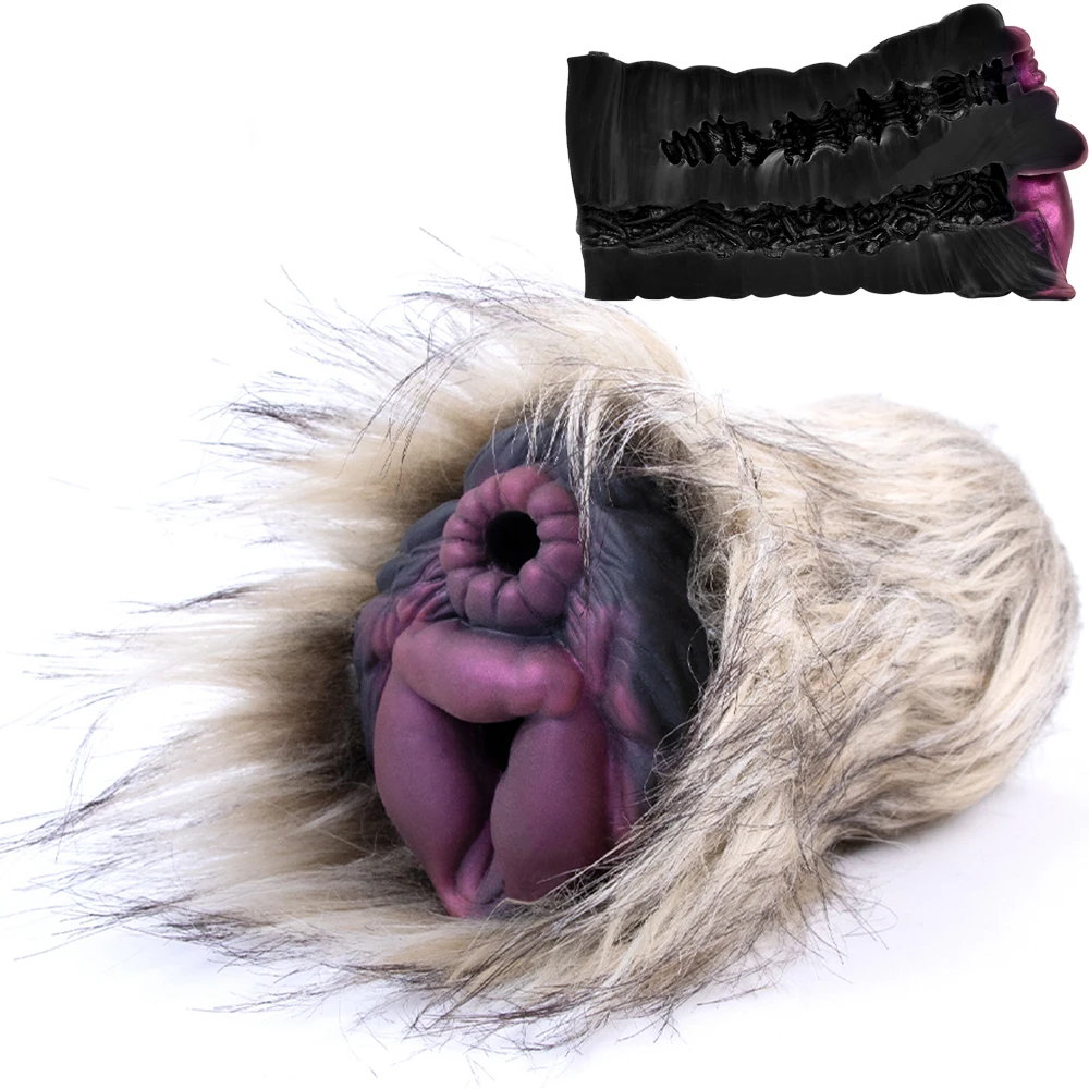 GEEBA Animal Dog-Animal Fur Pocket Pussy Male Masturbator Soft Silicone Dual Vaginas Penis Stroker Massage Sex Toy for Men 18+