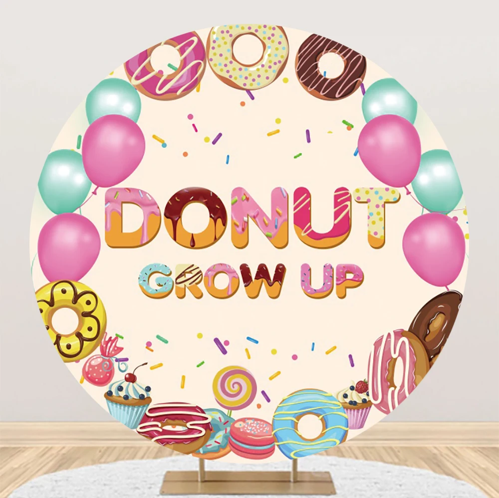 Laeacco Grow up Party Backdrop Colourful Donuts Balloon Lollipop Girl Princess Sweet Desserts Portrait Photography Background