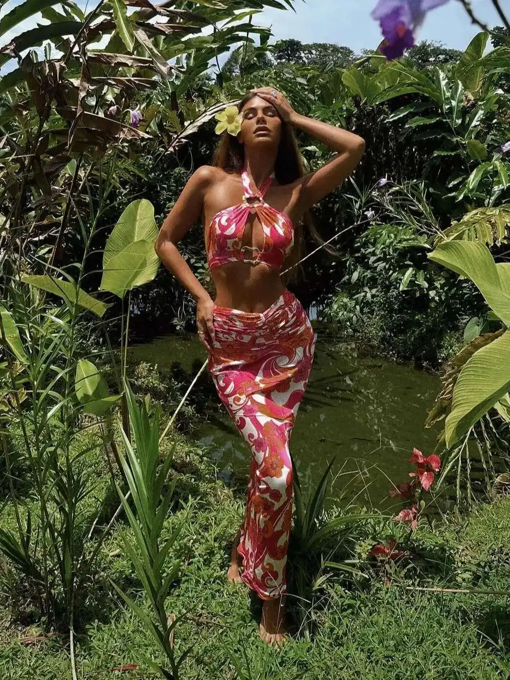 Cut Out Print Women A E Skirt Sleeveless Two Piece Set Bandage Top Beach Holiday Party Summer