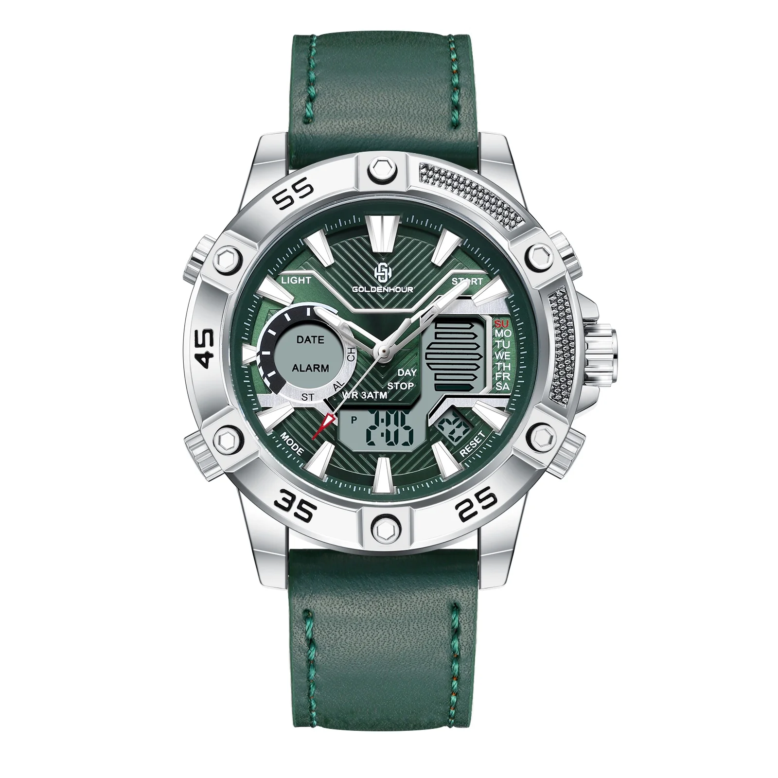 

GOLDENHOUR Men's Military Digital-Analog Quartz Watch - Waterproof Multifunctional Leather Strap for Business Casual Sports