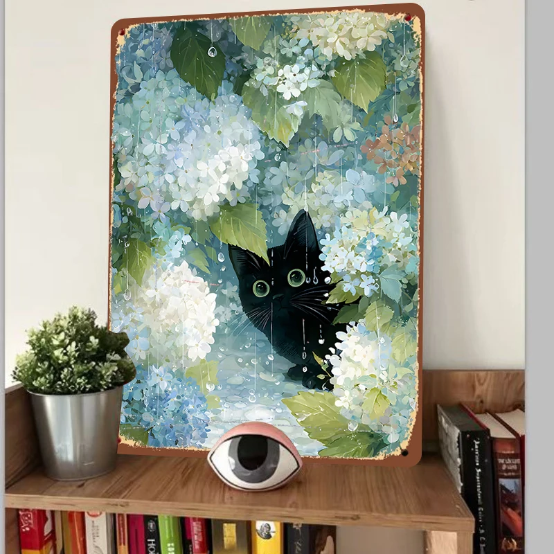 Black Cat in Hydrangea During Rain Custom Metal Wall Art Decor for Living Room Bedroom Home Decoration