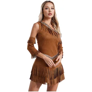 Indianer traditionelle Kostüme für Frauen, Halloween -Cosplay, Halloween, eine ärmellose Schulter, Fransenkleid 10 Hauptverkauf Fantasy India Sexy Frau - №10