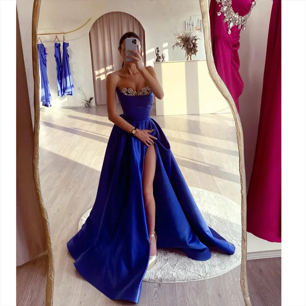 A-line Sexy Side High Split Party Dress Dark Blue Prom Dresses Off Shoulder Satin vestidos de fiesta Elegant Sleeveless Pron dr