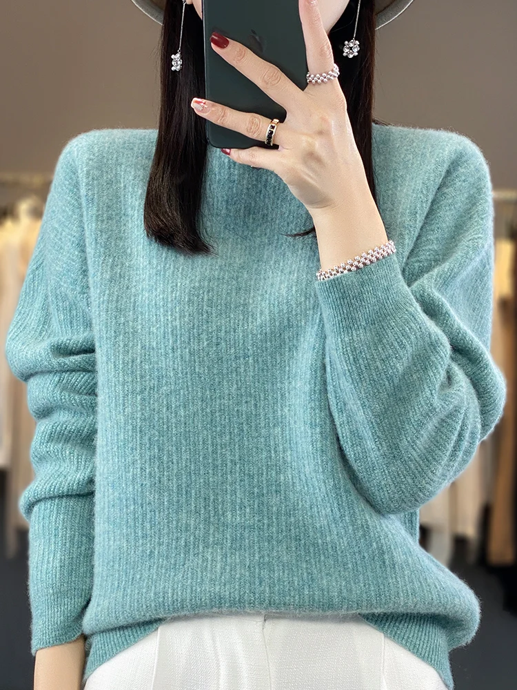 100% Wool Knit Sweater Women\'s O-Neck Loose Long-Sleeved Pullover Solid Color Jacquard Warm Basic Shirt Autumn Winter New Thick