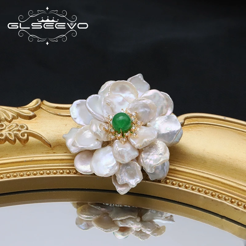 

GLSEEVO Natural Tahitian Baroque Pearls Woman Brooch Green natural stone accent design Exquisite Romantic Jewelry Anniversary