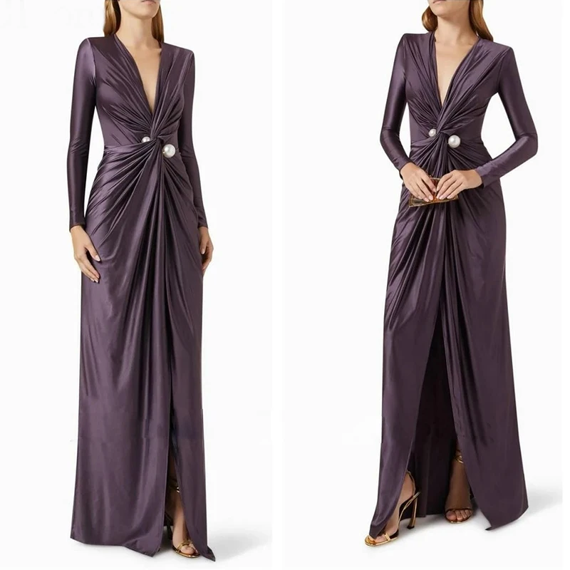 A-line V-neck Long Sleeve High Split Floor-Length High-end Banquet Dresses for Party Vacation Ball Cocktail Party Formal Evening