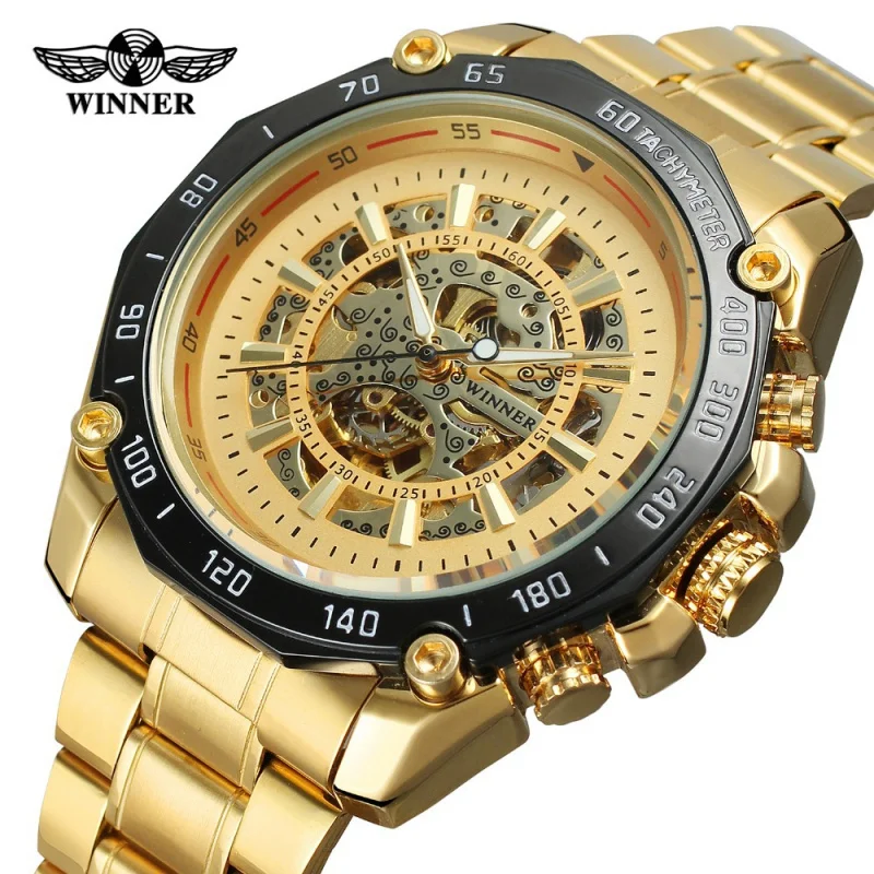 Free Shipping OUTLETSwinner European American Style Men's Fashion Casual Hollow Gold Large Dial Automatic Mechanical Watch