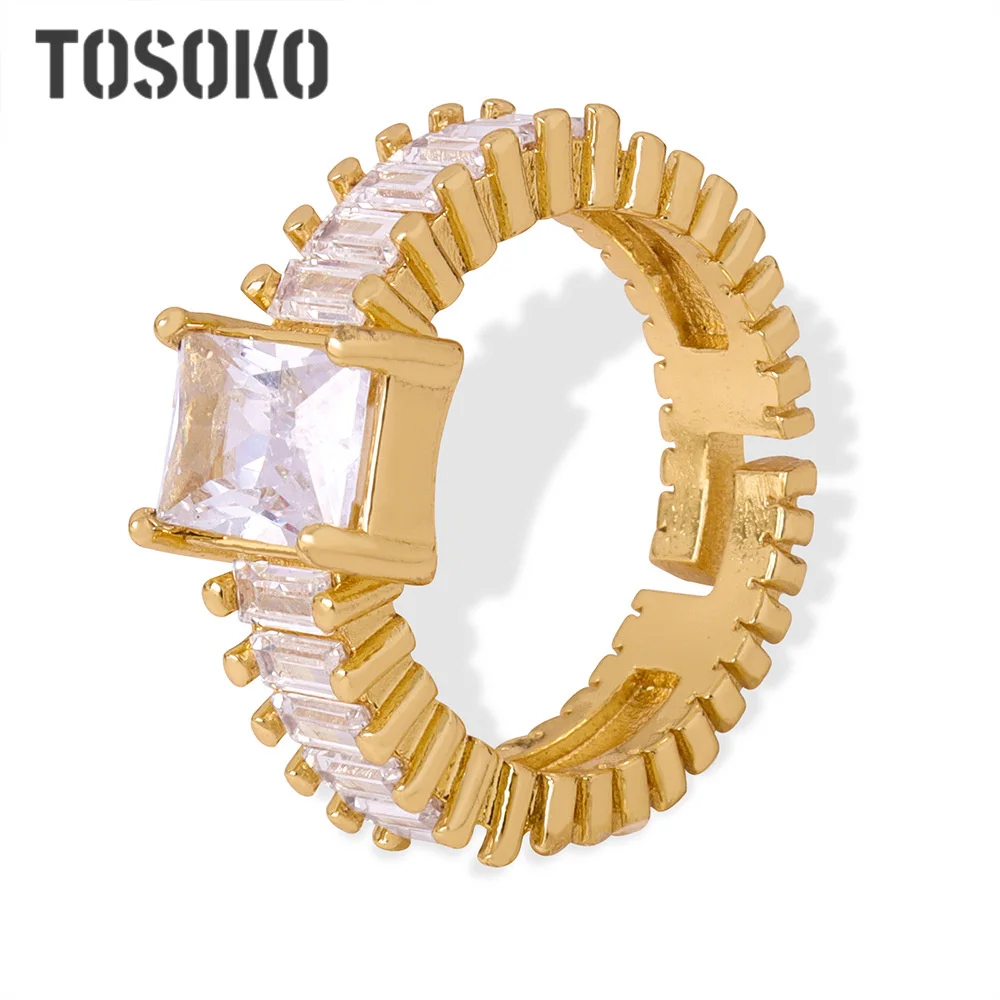 

TOSOKO Copper Jewelry Geometric Design With Zircon Open Ring For Women BSA649