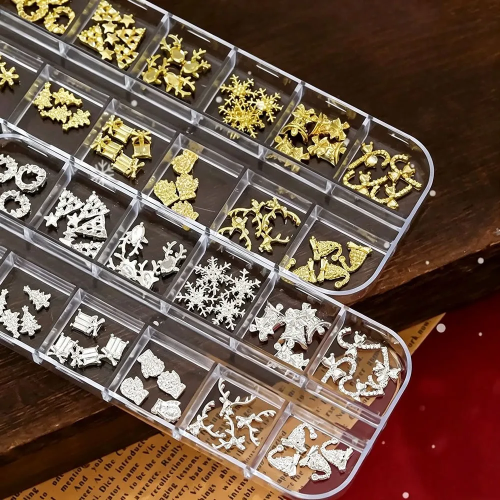 12grids Metal Gold Silver Christmas Nail Charms 3D Snowflakes/Elk/Gloves/Bell/Christams Tree Nail Gems New Year Nail Decor Diy%8