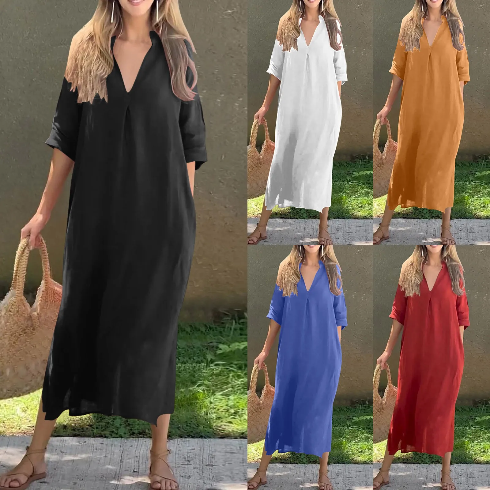 Letnie sukienki dla kobiet Casual Solid Color V Neck Luźna bawełniana lniana sukienka Letnie sukienki na co dzień dla kobiet do kolan