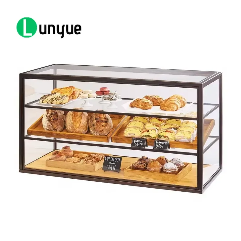 3 Tier Transparent Bakery Display Rack with Wooden Countertop Pastry Bread Showcase Cabinet for Supermarket Store Shelf