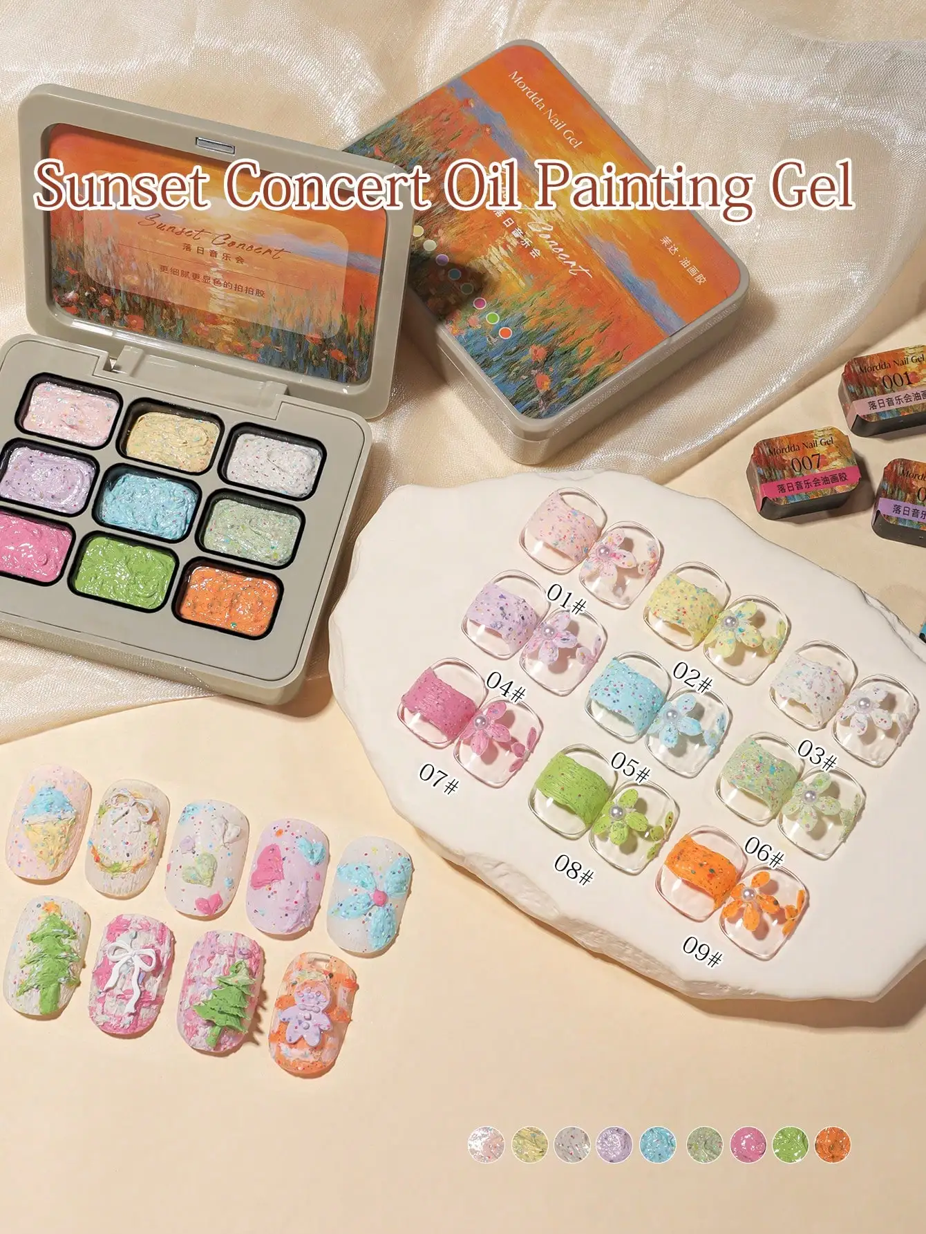 MORDDA 9pcs Sunset Concert Oil Painting Gel Nail Polish Set, For 3D Relief Designs, For Creative Manicures