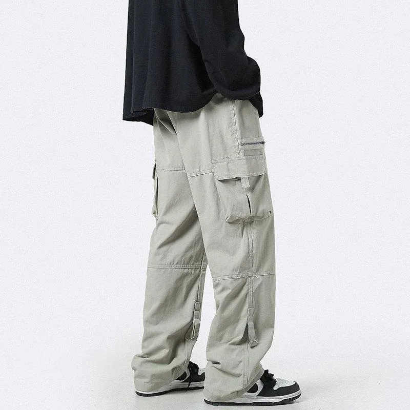 HOUZHOU pantalones Cargo para hombre, pantalones de pierna ancha de gran tamaño con cremallera, ropa de calle para hombre, estilo Hip Hop informal coreano japonés con bolsillo estilo Safari