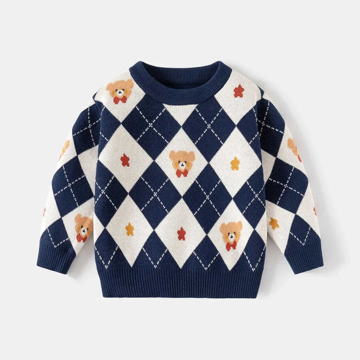 

2-8Y Children's Autumn and Winter Diamond Grid Knit Sweater Baby Bear Pattern Base Sweater Boys' Sweater