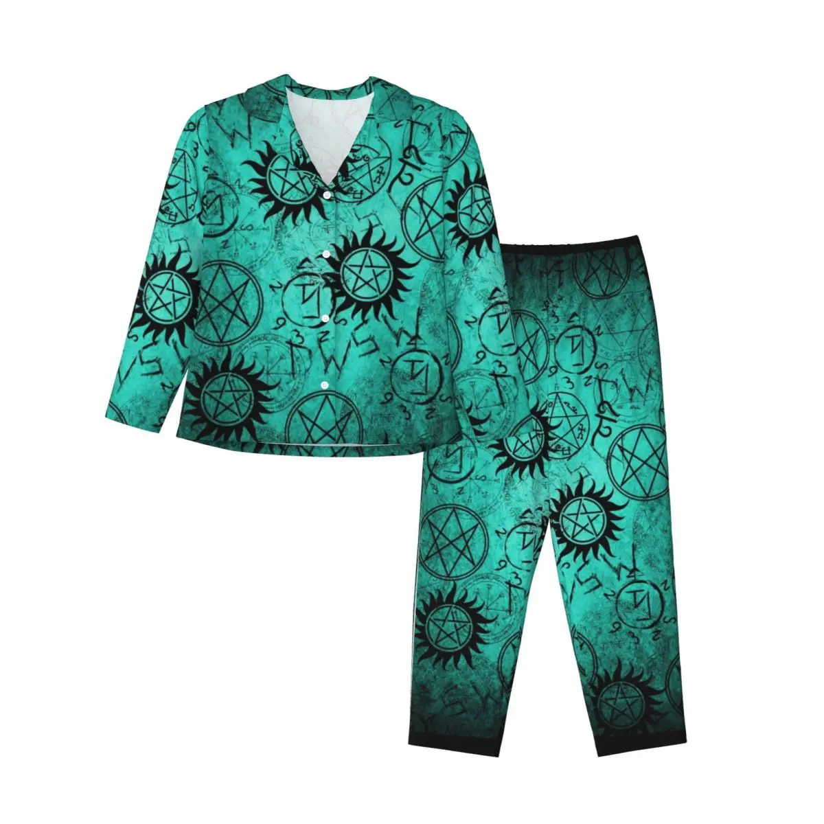 

Supernatural Teal Women's Pajamas Set Button Down Pajama 2 Piece Suit Pyjama Femme Nightwear Loungewear