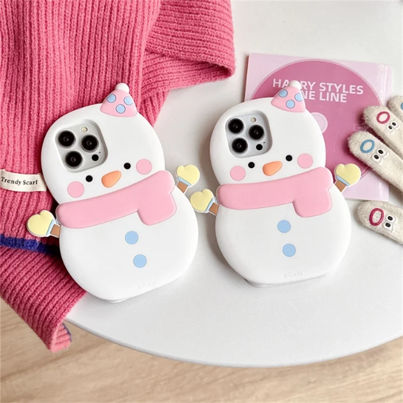 3D Cute Shy little snowman silicone  Phone Case For iPhone 15pro max 14 pro 13 12 11 Winter Shockproof Back CoverChristmas Gifts