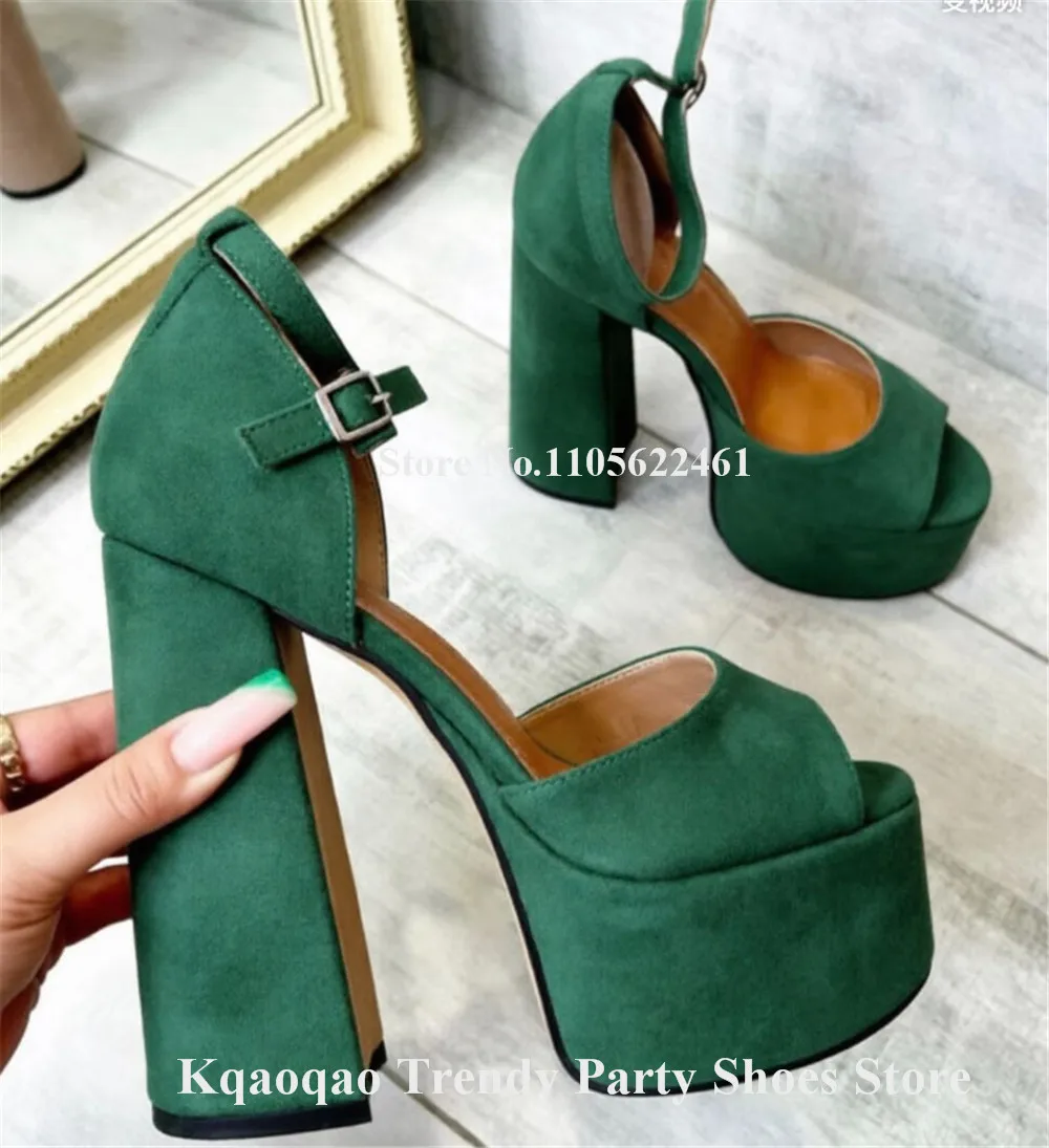 Kqaoqao Sexy Green Red White Suede Block Heel Sandals Peep Toe Ankle Straps High Platform Tihick Heel Party Pumps Big Size