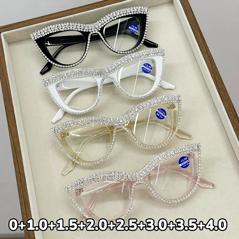 Men Anti Blue Light Far Sight Eyeglasses Cat Eye Diamond Studded Reading Glasses Personalized Luxury Women Presbyopia Glasses