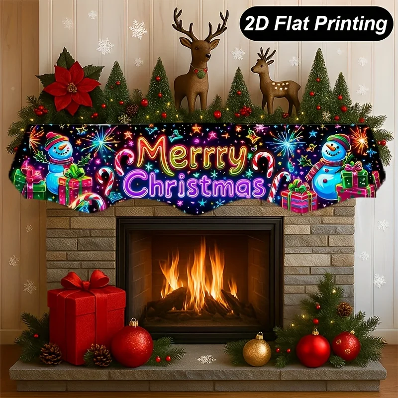 VIKAMA Christmas Fireplace Mantel Scarf Neon Merry Christmas Snowman Mantel Topper Colorful Xmas Home Party Decor
