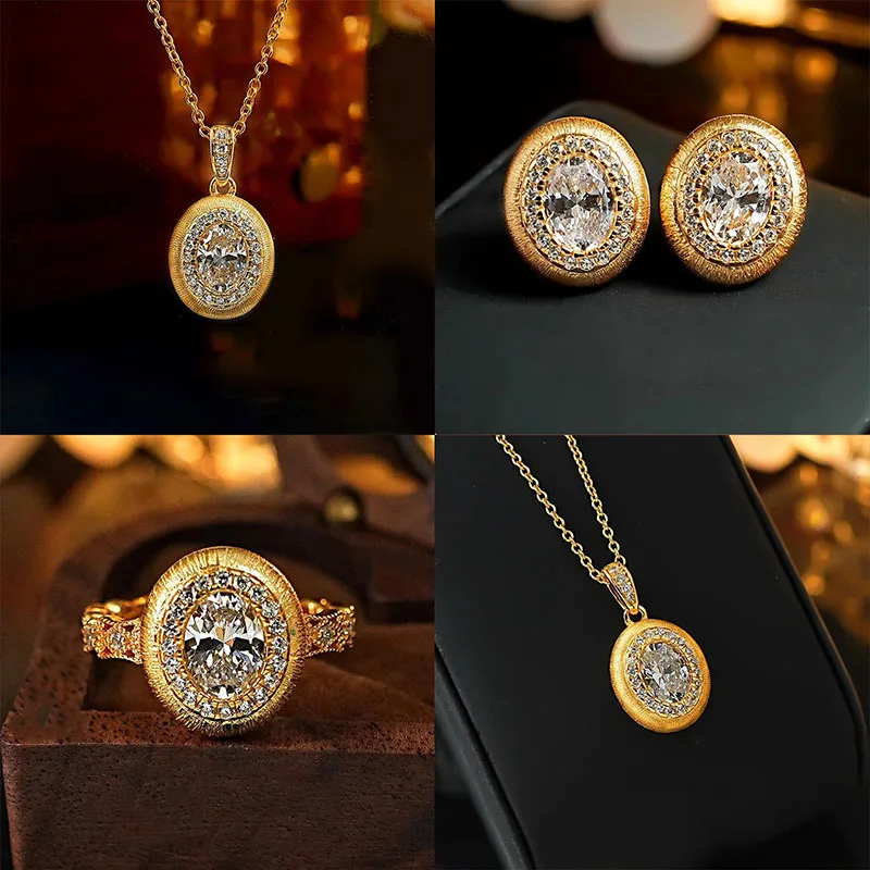 

Italian Retro Jewelry Oval Design Gold Color Inlaid Zircon Pendant Necklaces Earrings Rings banquet Jewelry Sets For Women