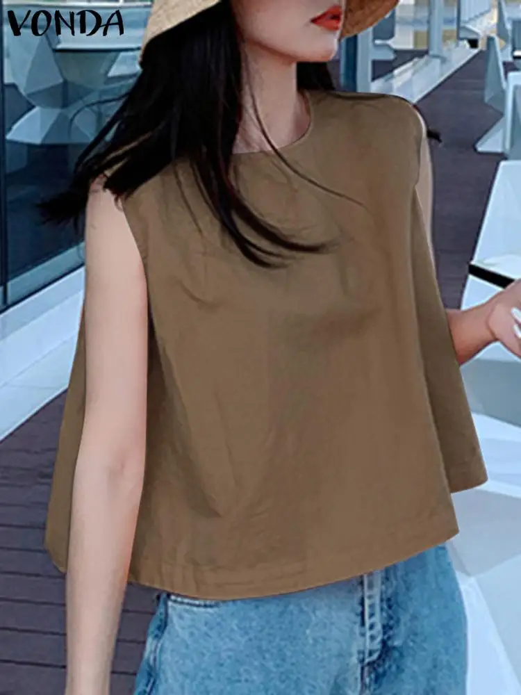 VONDA Women Summer Blouses Sleeveless Tops 2024 Fashion Sexy Solid Color Casual Loose Shirts O-Neck Elegant Blusas Femininas