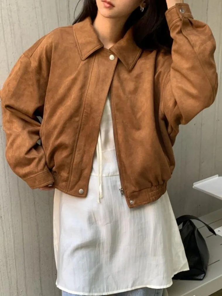 Retro Kurtka Motocyklowa z Zamkiem Błyskawicznym, Luźny Krój, Zamszowa, Długa, Elegancka Odzież Wierzchnia Damska na Jesień i Zimę, Idealna do Dojazdów do Pracy