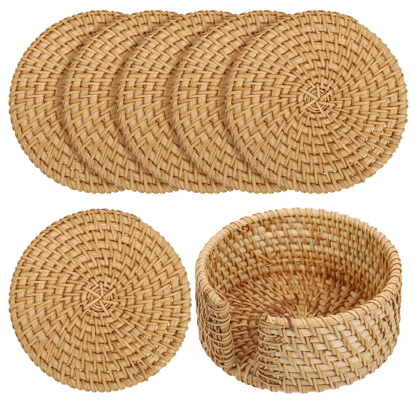 

1 set 6 Coasters 1 Holder Rattan Tea Mat Set Round Woven Coaster Drinks Beverage Coffee Cup Table Protection Outdoor Decorative