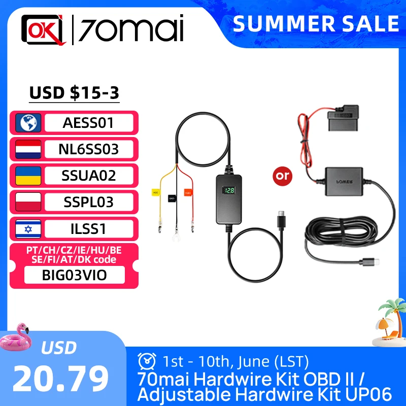 70mai Hardwire Kit OBD-II & Adjustable Hardwire Kit UP06 for Dash