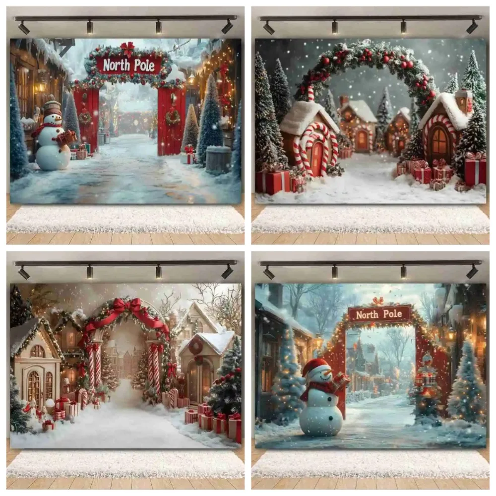 

Winter Arctic Christmas Party Photography Background, Snowman Outdoor Snowway Gift Vine Children's Portrait Photography Backdrop