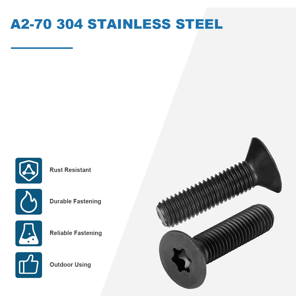 HOWSHENG 10-30pcs/bag Torx Flat Head Machine Screws Black 304 Stainless Steel M2 M2.5 M3 M4 M5 M6 M8 Six-Lobe CSK Head Screws