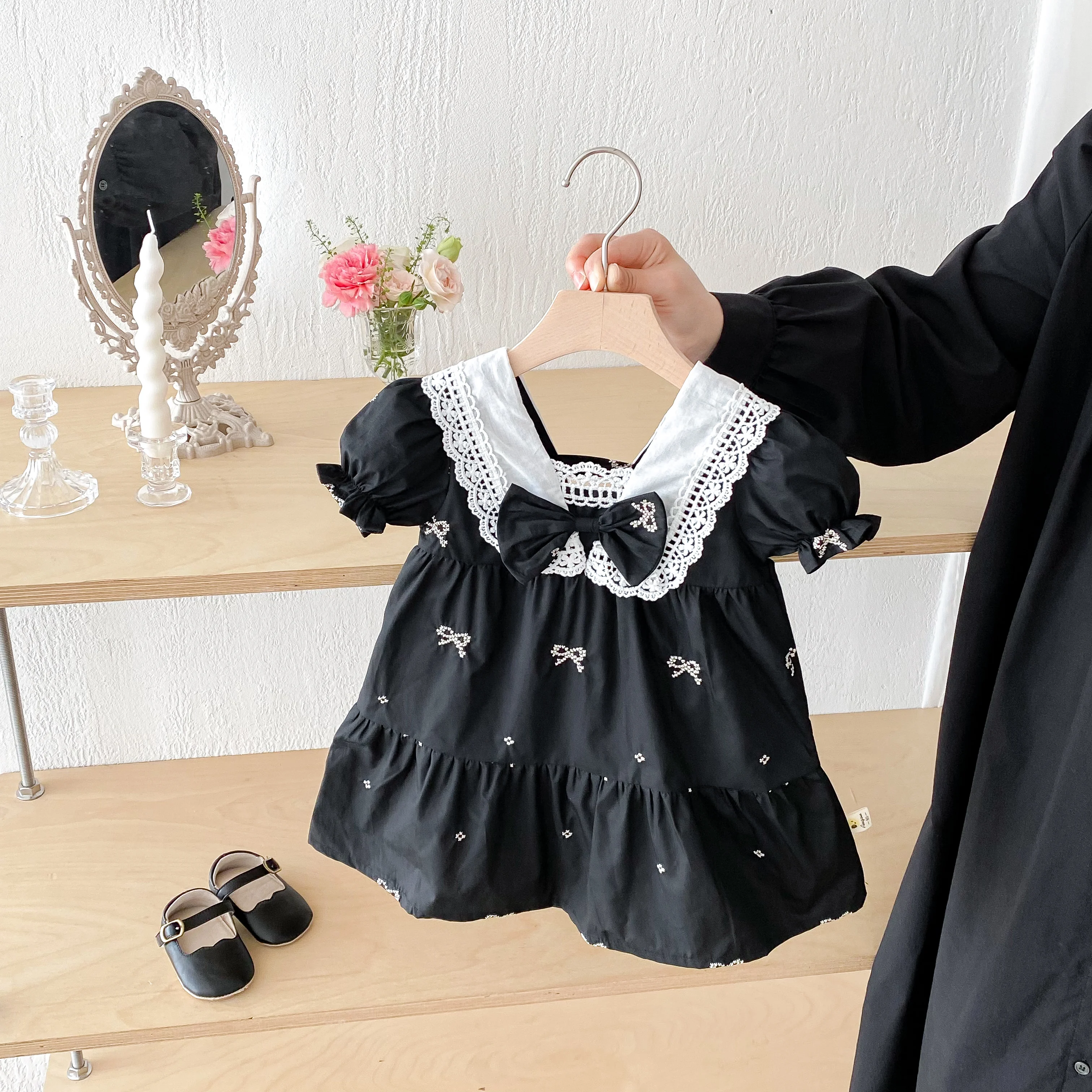 

Летнее платье для девочки, кружево, большой воротник-бабочка, принт-бант, платье с короткими рукавами для выхода на улицу.