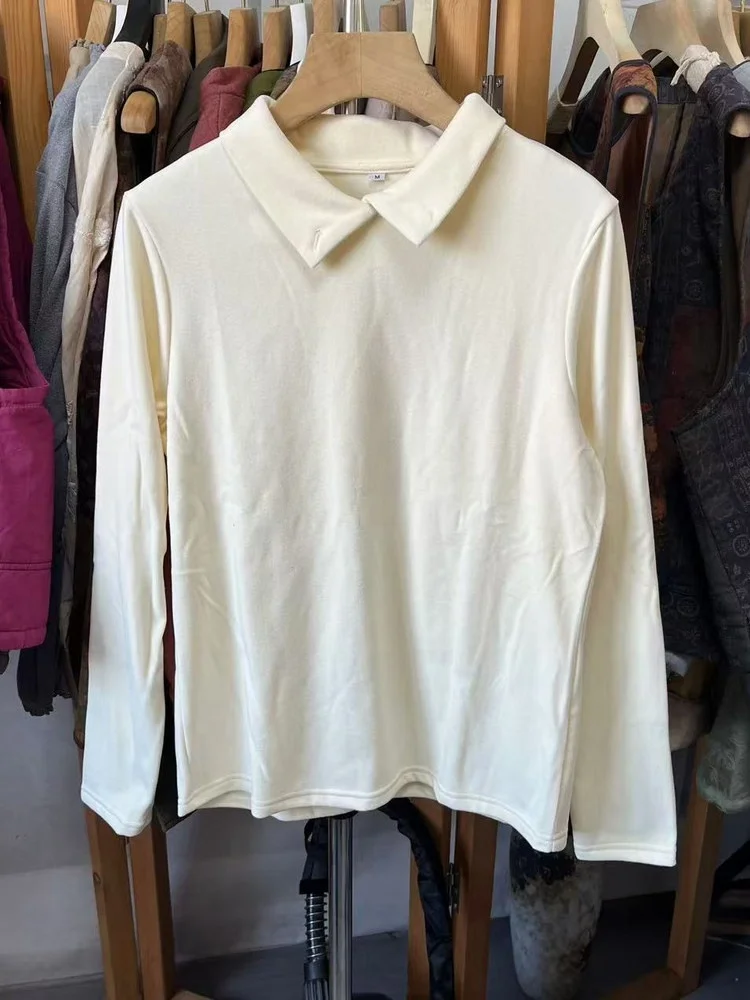 

Thiened German Velvet Long Sve Loose Base irt Ladies' Top Winter Casual Sle Regular Sve Length Collared T-irt