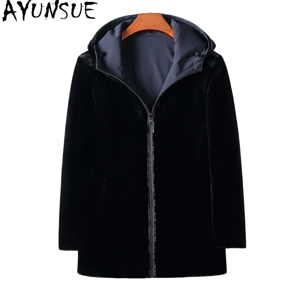 AYUNSUE Men Reversible Full Real Mink Fur Coat Luxury Winter Whole Mink Fur Jacket Natural Fur Parkas Hood Mid‑Length Outerwear