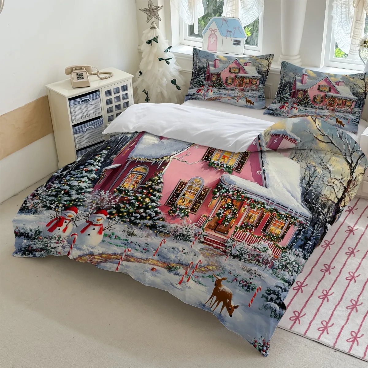 

Комплект постельного белья на рождественскую тематику из 3 предметов: розовый зимний деревенский принт (1 пододеяльник + 2 наволочки, без ядра) — подходит для всех сезонов